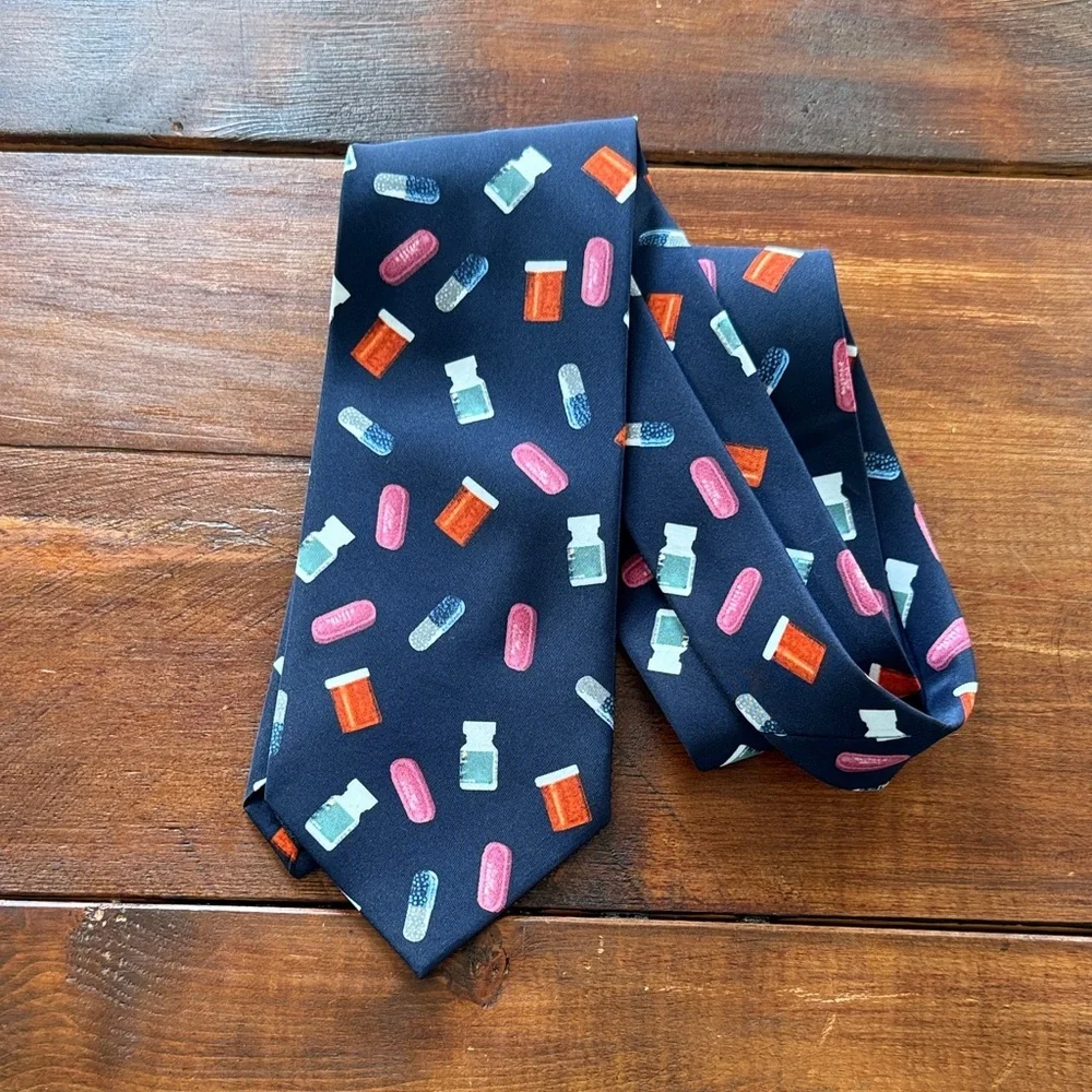 Navy Men's Tie with Pill & Bottle Pattern